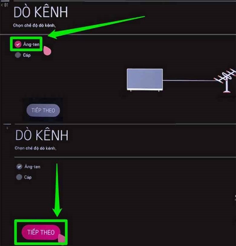 Chọn dò kênh bằng Ăng-ten hoặc Cáp và nhấn Tiếp theo